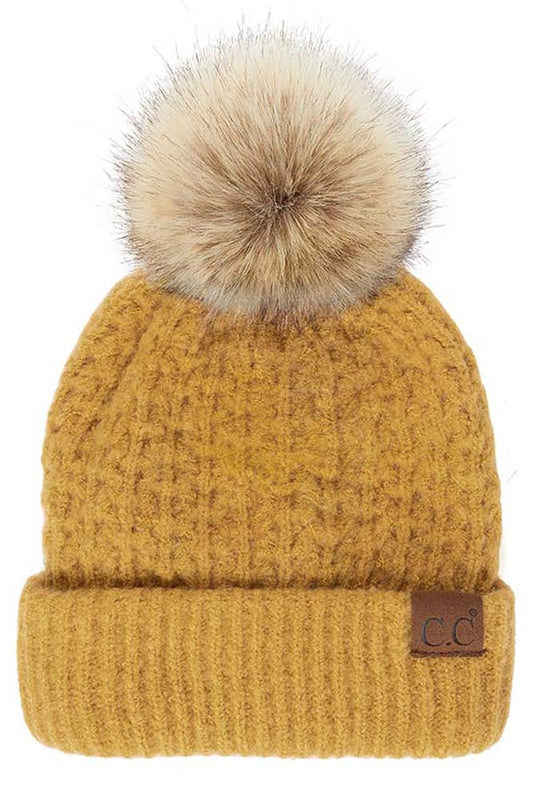 C.C Smocking Stitch Cuff Beanie with Pom