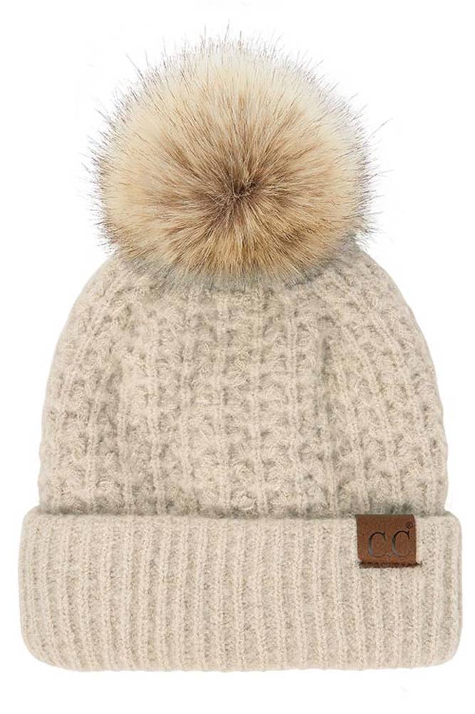 C.C Smocking Stitch Cuff Beanie with Pom