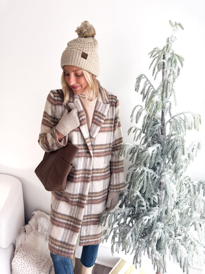 C.C Smocking Stitch Cuff Beanie with Pom