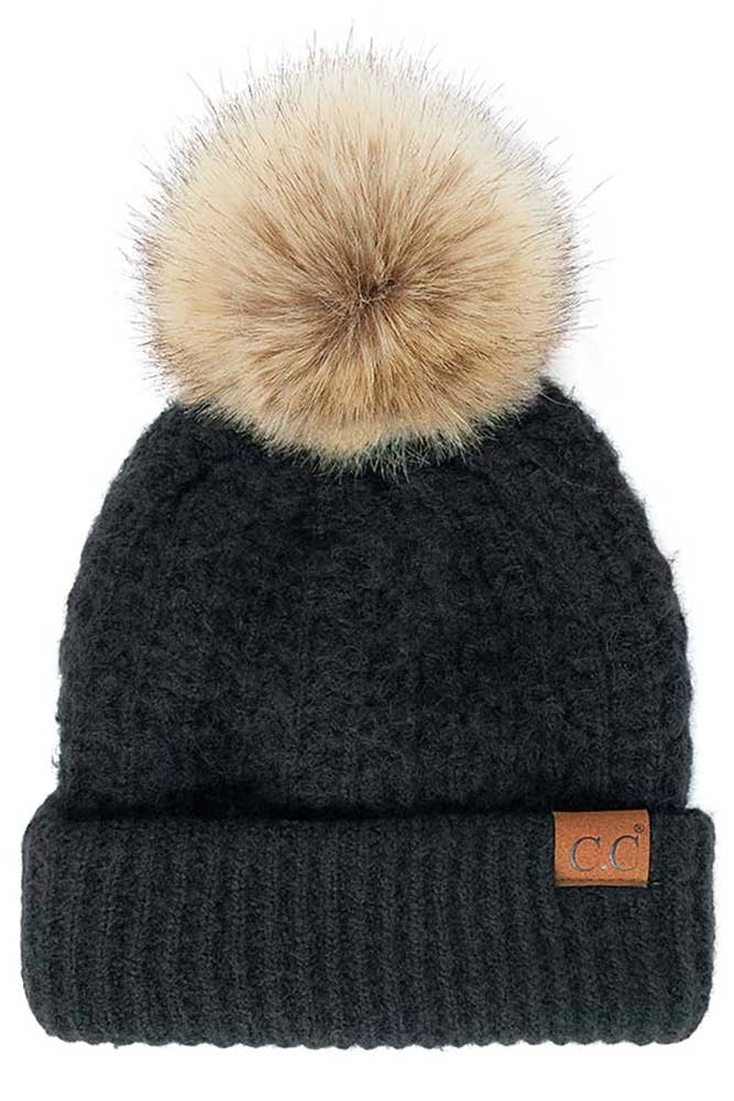 C.C Smocking Stitch Cuff Beanie with Pom