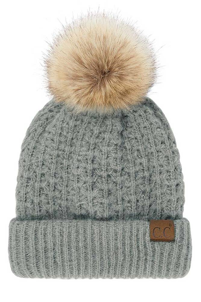 C.C Smocking Stitch Cuff Beanie with Pom