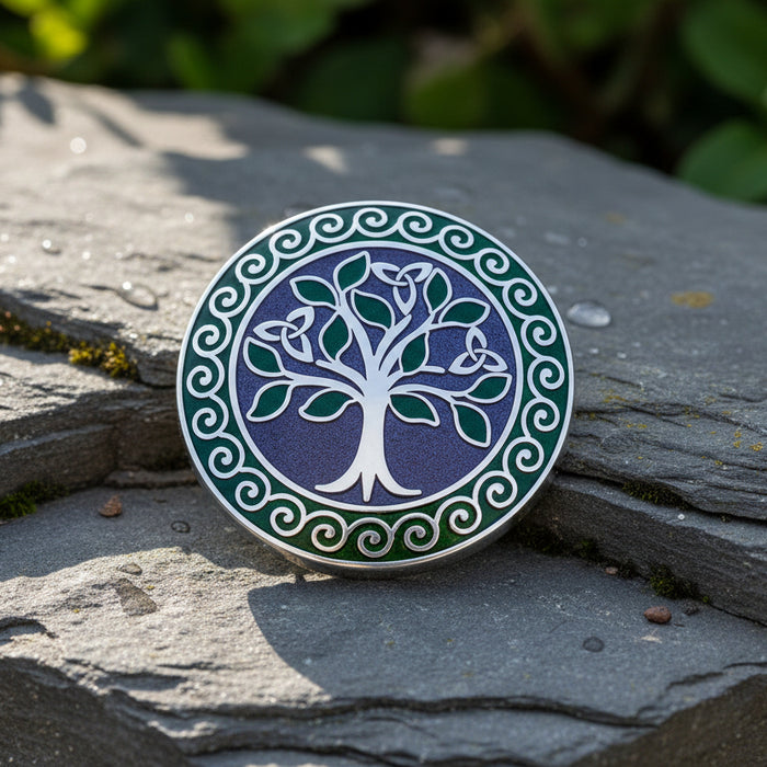 Celtic Tree of Life Enamel Brooch - Rhodium Plated Irish Jewelry