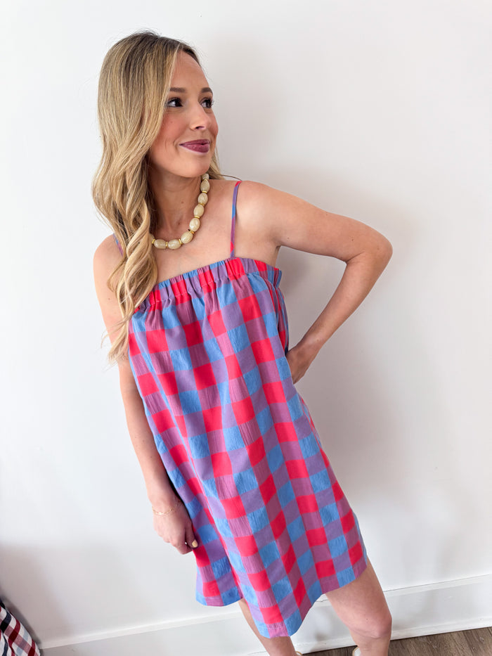 Cherry & Blue Plaid Spaghetti Strap Dress