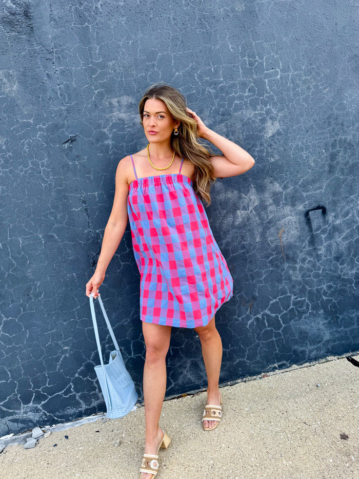 Cherry & Blue Plaid Spaghetti Strap Dress