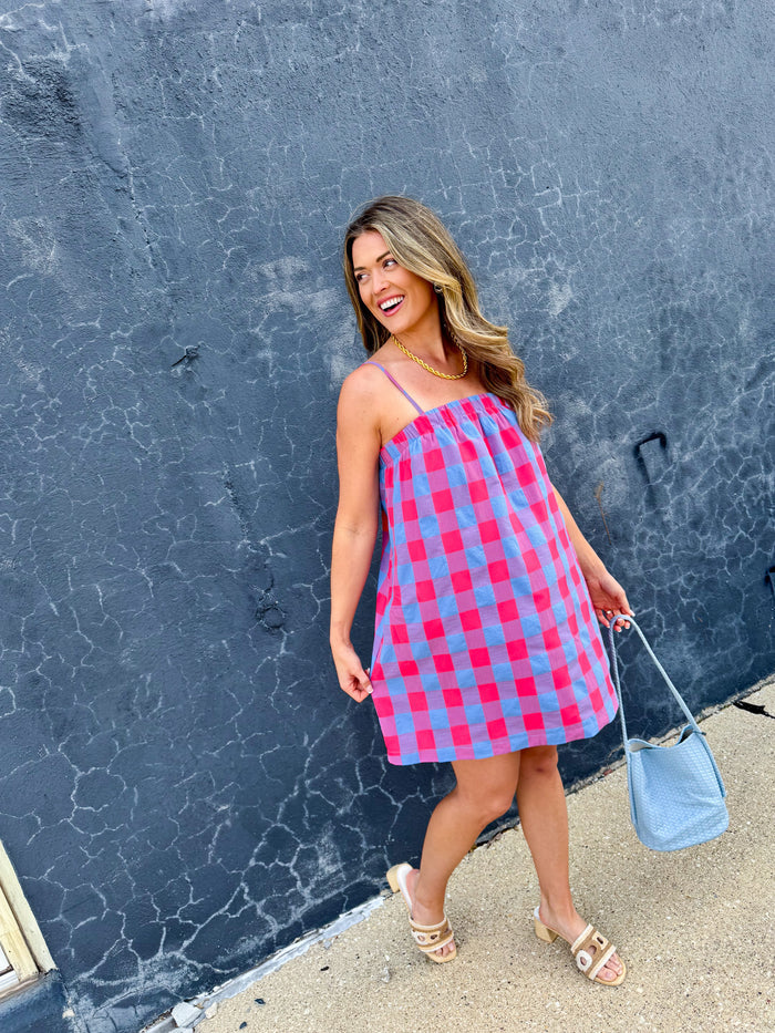 Cherry & Blue Plaid Spaghetti Strap Dress