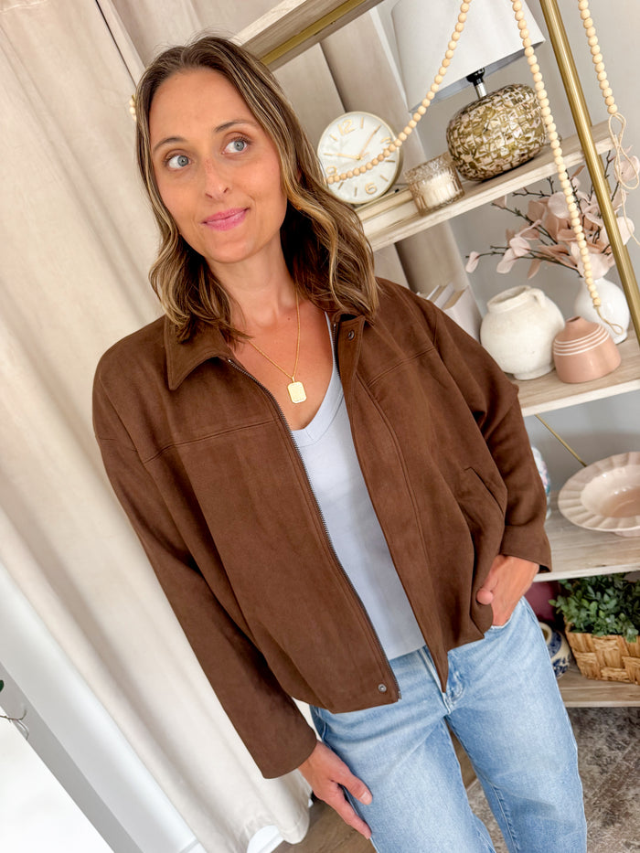 Skies Are Blue Chocolate Suede Bubble Hem Jacket – women's jacket