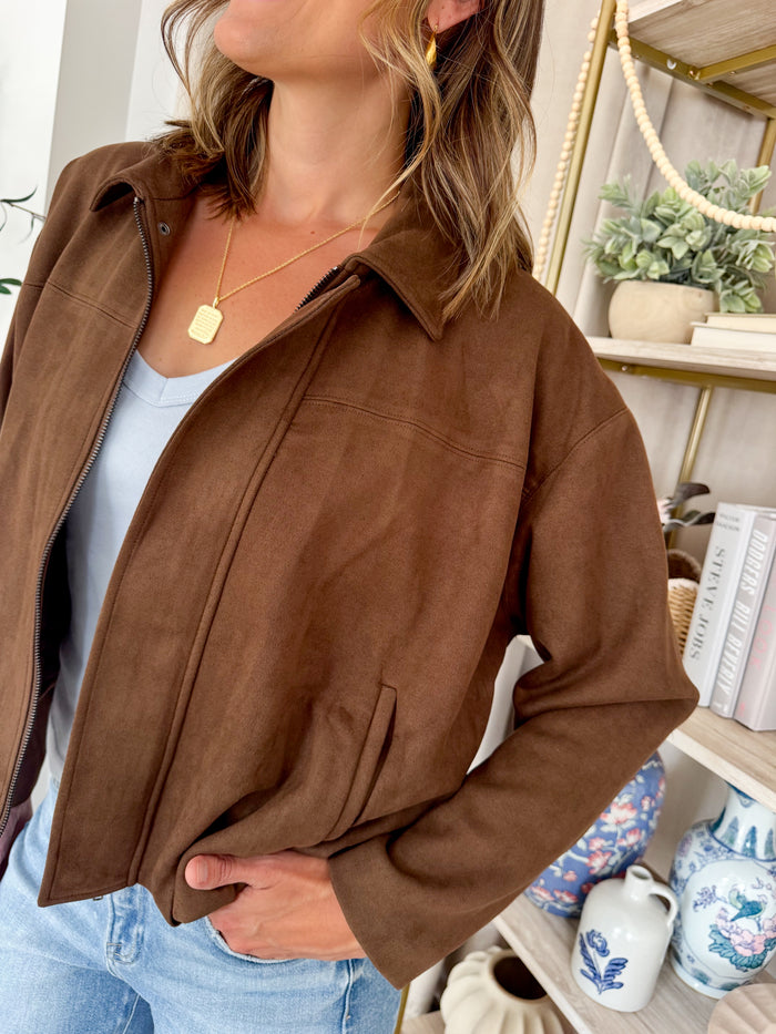 Skies Are Blue Chocolate Suede Bubble Hem Jacket – women's jacket
