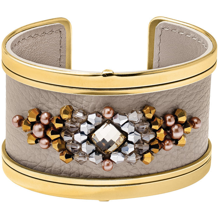 Brighton cuff bracelet in taupe leather with gold-tone trim and central crystal, pearl, and bead embellishment on a white background
