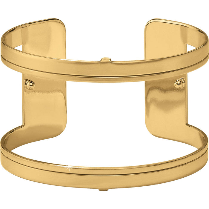 Brighton cuff bracelet in polished gold-tone metal with open cutout design and rivet accents on a white background