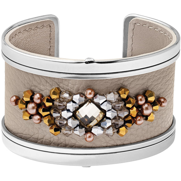 Brighton cuff bracelet in taupe leather with silver-tone trim and gold, copper, and crystal beaded centerpiece on a white background