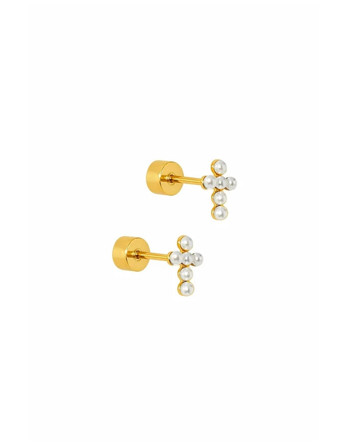 Clara Cross Pearl Screwback Earring