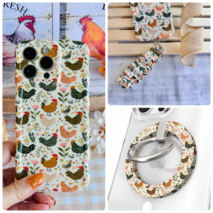 Cluckin' Cute iPhone Matching Set - hen and wildflower MagSafe case, matching Hold It Fancy grip ring and scrunchie phone wrist strap from Fancy Bands