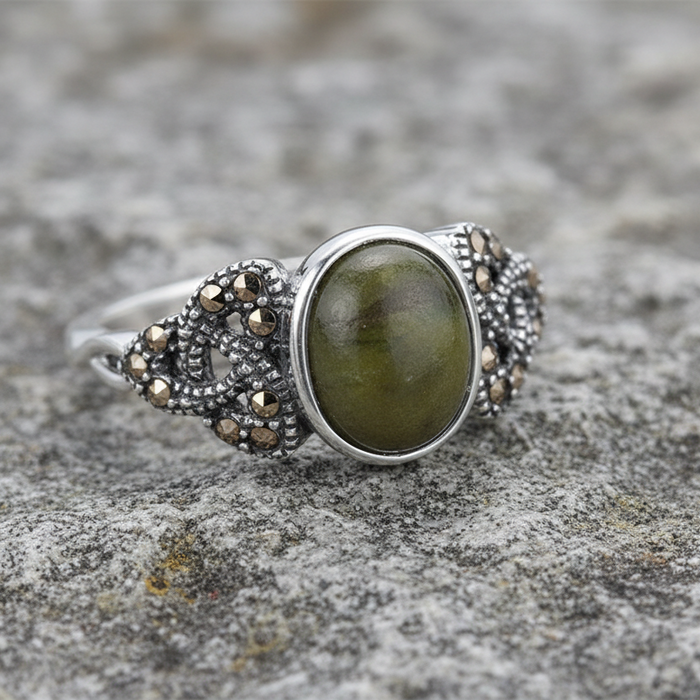 Connemara Marble Marcasite Trinity Knot Ring