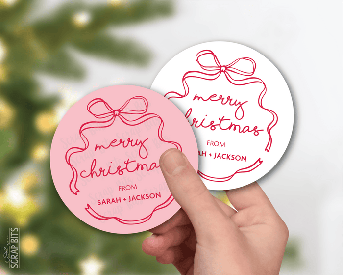 Coquette Wiggle Bow Merry Christmas, Pink & White, Personalized Christmas Gift Label Set - Scrap Bits