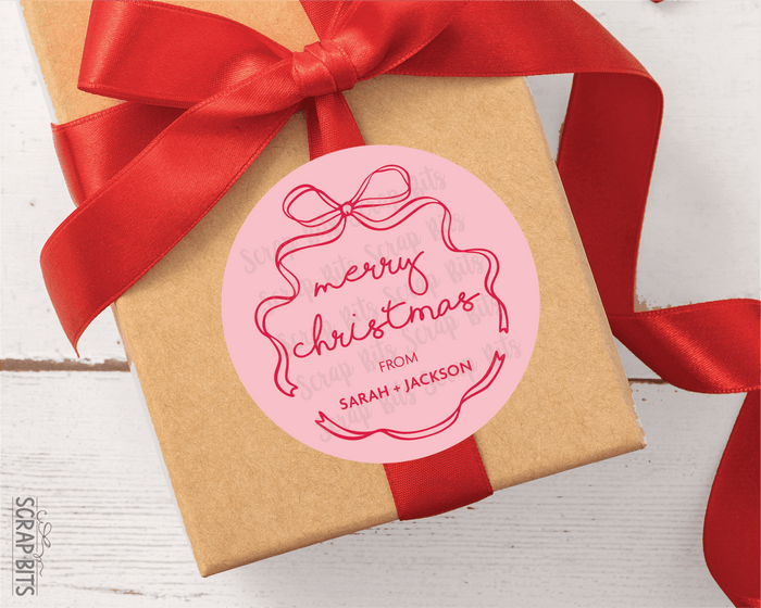 Coquette Wiggle Bow Merry Christmas, Pink & White, Personalized Christmas Gift Label Set - Scrap Bits