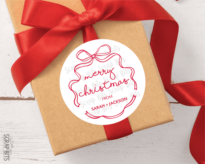 Coquette Wiggle Bow Merry Christmas, Pink & White, Personalized Christmas Gift Label Set - Scrap Bits