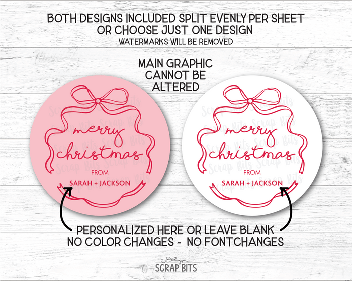 Coquette Wiggle Bow Merry Christmas, Pink & White, Personalized Christmas Gift Label Set - Scrap Bits