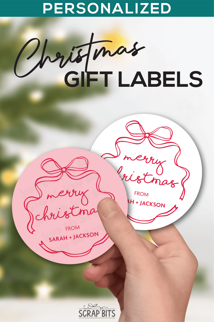 Coquette Wiggle Bow Merry Christmas, Pink & White, Personalized Christmas Gift Label Set - Scrap Bits