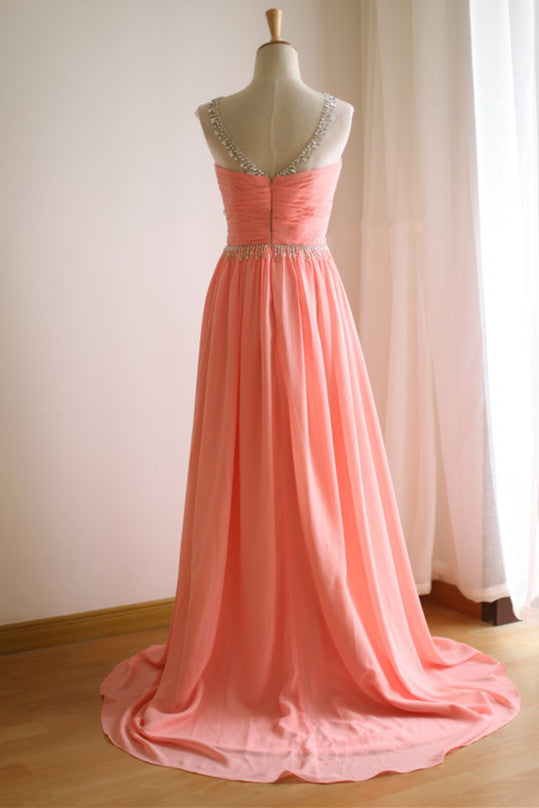 Coral Prom Dress 2024 Elegant Sleeveless Beaded Chiffon
