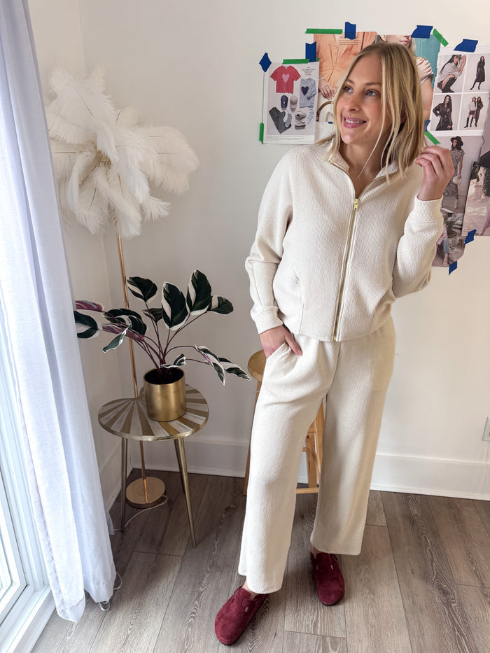Cream Waffle Wide Leg Pant