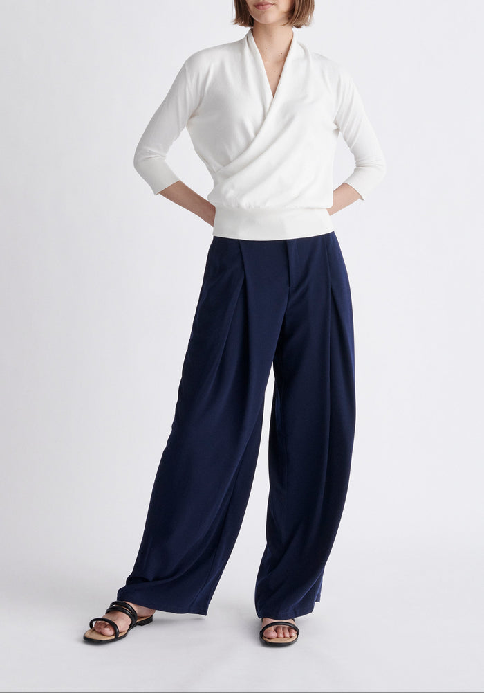 Paisie Cropped Sleeve Knitted Wrap Top in White