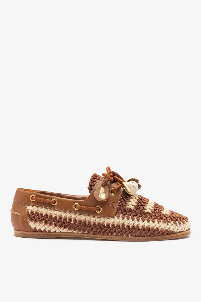 Cyprus Crochet Boat Shoe In Caramel and Ivory Crochet and Caramel Leather Loafer Larroudé