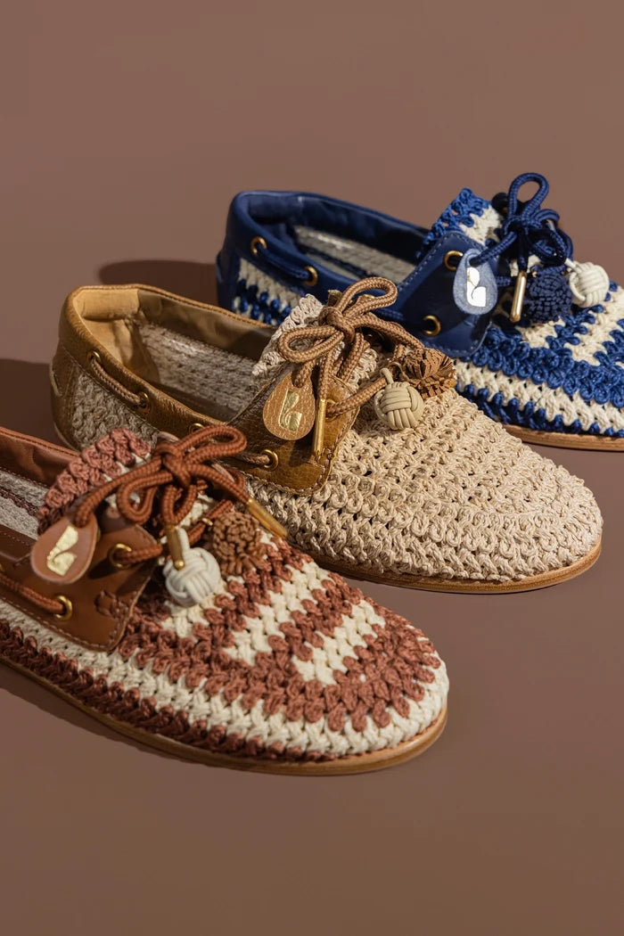 Cyprus Crochet Boat Shoe In Natural Crochet and Russet Leather Loafer Larroudé