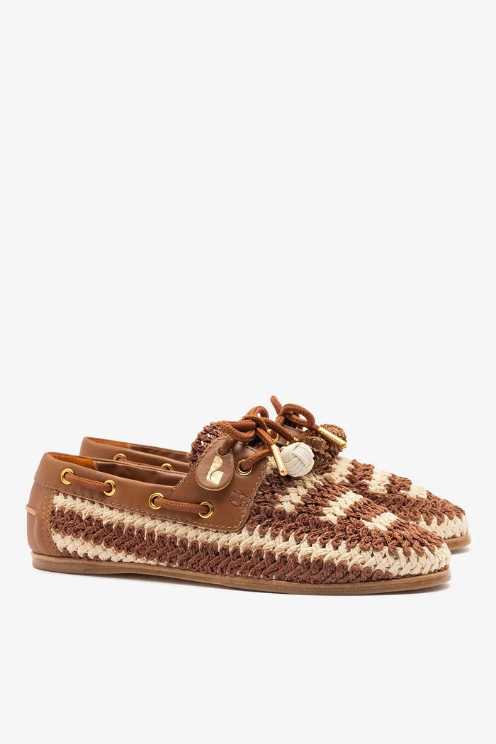 Cyprus Crochet Boat Shoe In Caramel and Ivory Crochet and Caramel Leather Loafer Larroudé