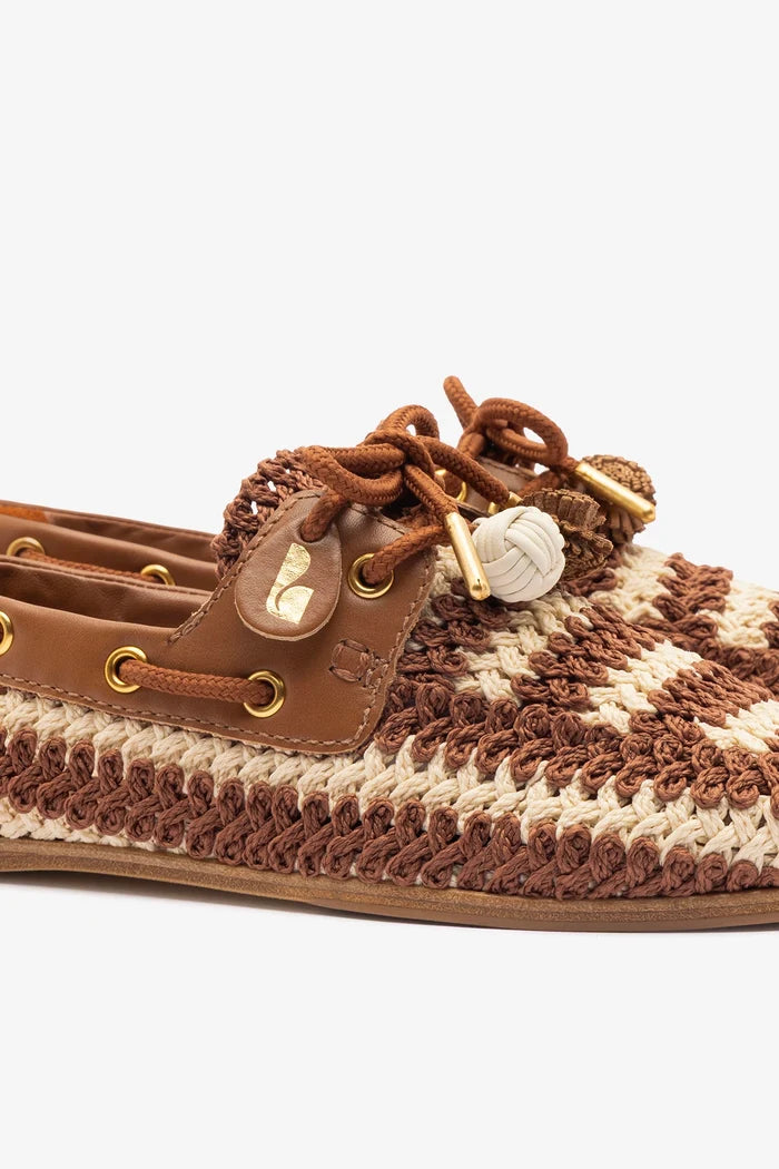 Cyprus Crochet Boat Shoe In Caramel and Ivory Crochet and Caramel Leather Loafer Larroudé