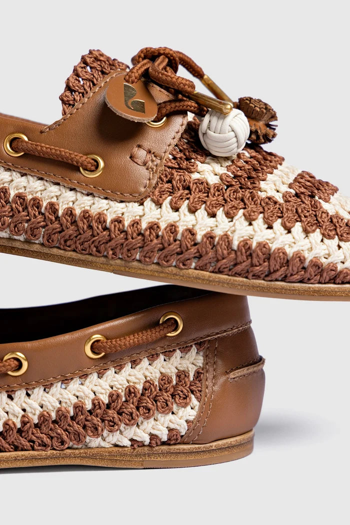 Cyprus Crochet Boat Shoe In Caramel and Ivory Crochet and Caramel Leather Loafer Larroudé