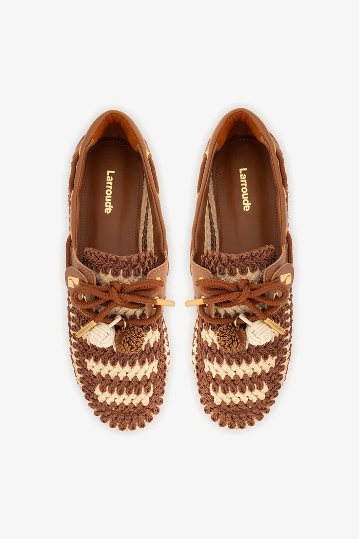 Cyprus Crochet Boat Shoe In Caramel and Ivory Crochet and Caramel Leather Loafer Larroudé