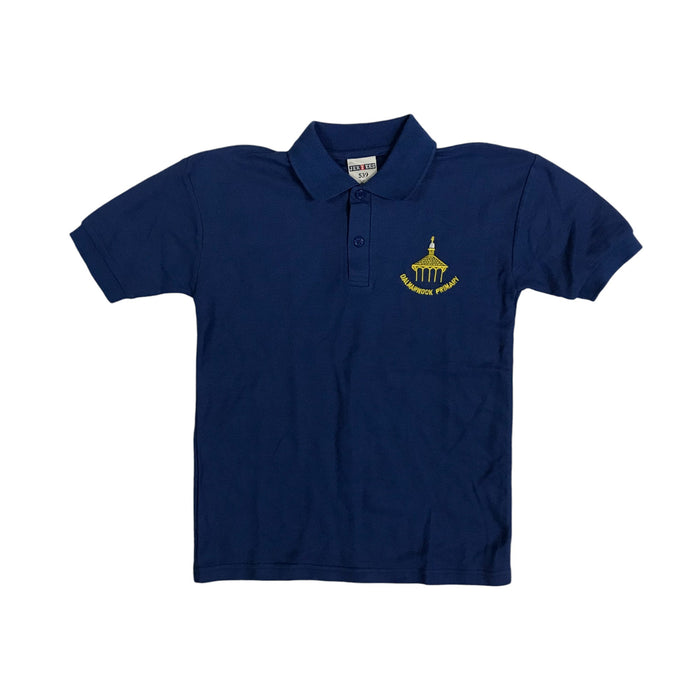 Second-hand Dalmarnock Primary royal blue polo shirt, flat lay view with embroidered school badge.