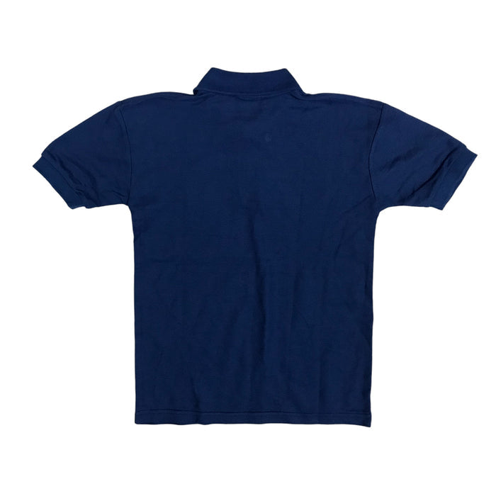 Second-hand Dalmarnock Primary royal blue polo shirt, flat lay view with embroidered school badge.