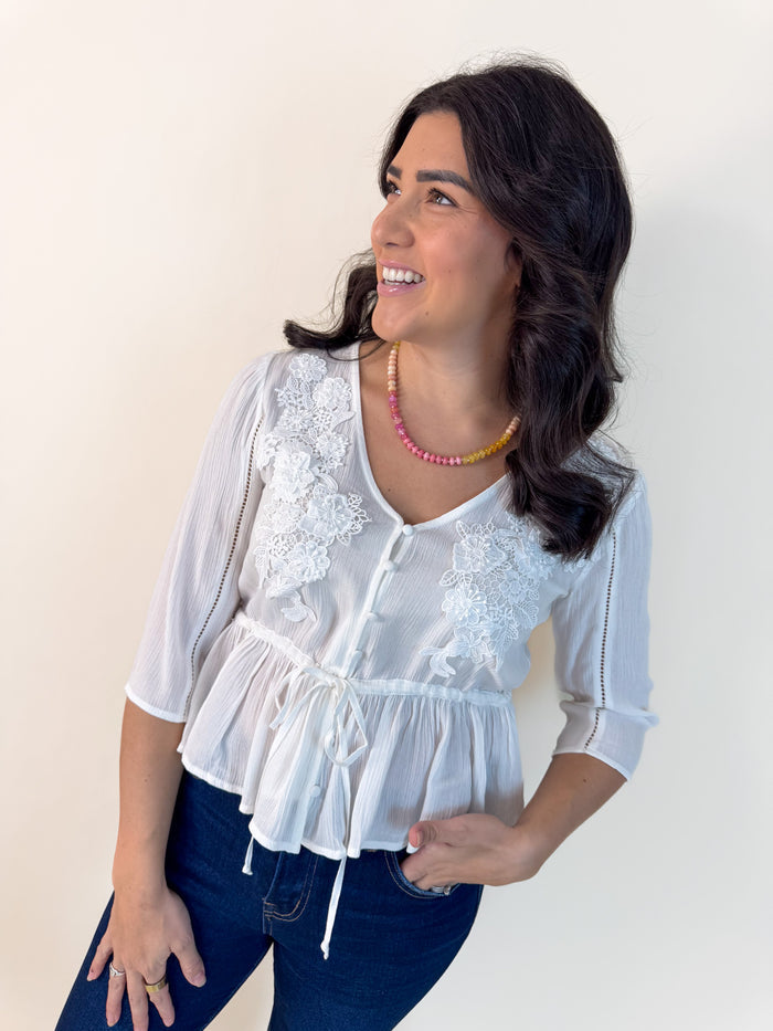 Delicate Embroidery Peplum Tie Waist Top