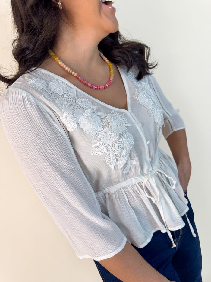 Delicate Embroidery Peplum Tie Waist Top