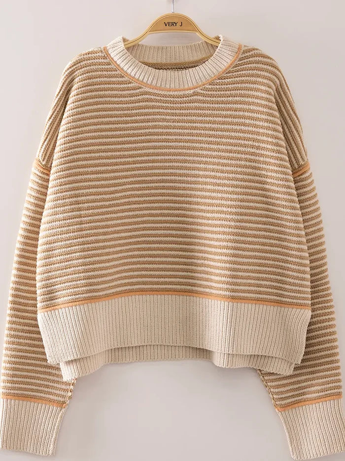 Very J Delilah Taupe Striped Sweater – women's sweater