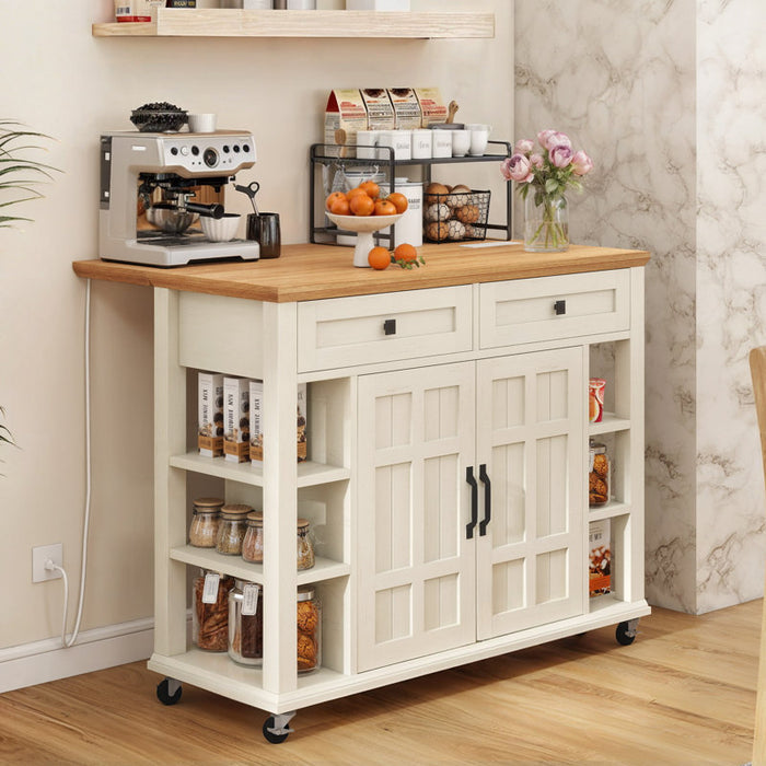 Dessin de chariot de cuisine Brianny avec plateau pliable, 2 tiroirs et prise de courant blanc cassé