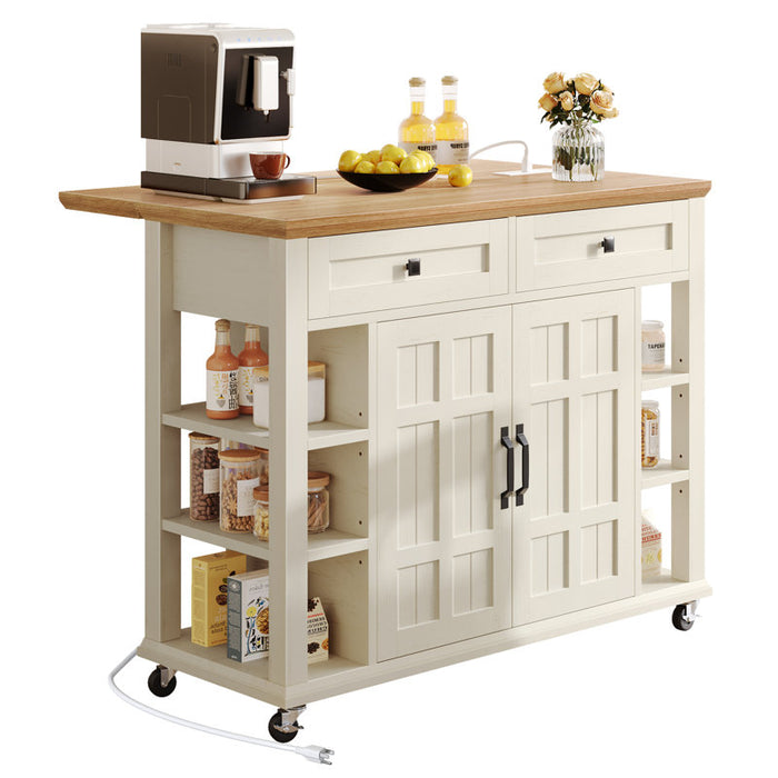 Dessin de chariot de cuisine Brianny avec plateau pliable, 2 tiroirs et prise de courant blanc cassé