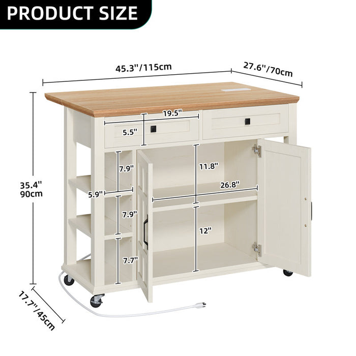 Dessin de chariot de cuisine Brianny avec plateau pliable, 2 tiroirs et prise de courant blanc cassé