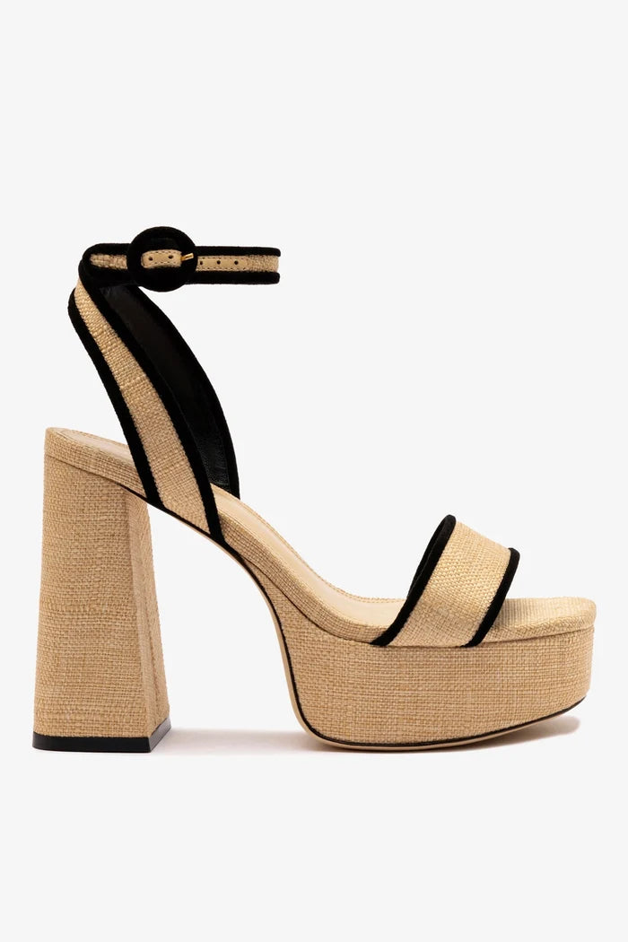 Dolly Sandal In Beige Raffia and Black Trimming Sandal Larroudé
