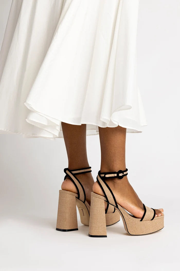 Dolly Sandal In Beige Raffia and Black Trimming Sandal Larroudé