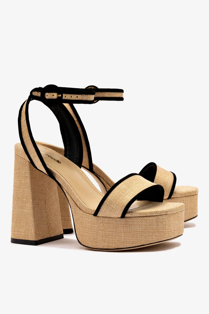 Dolly Sandal In Beige Raffia and Black Trimming Sandal Larroudé