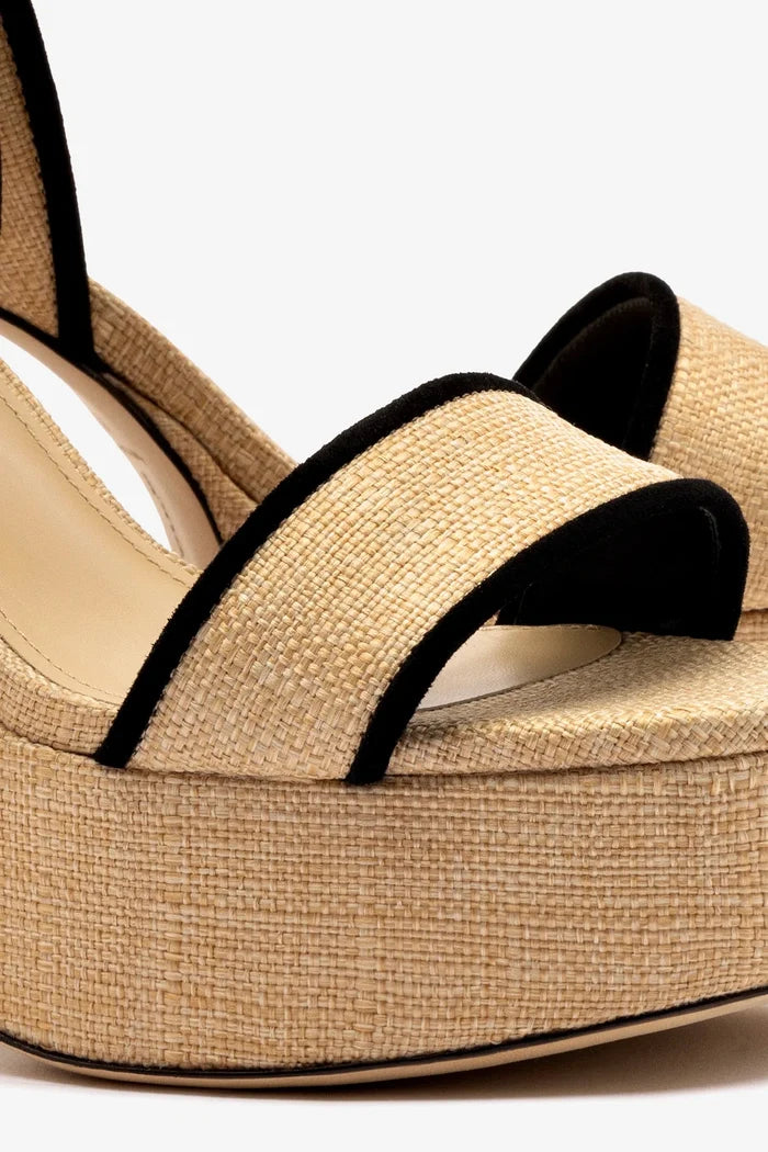 Dolly Sandal In Beige Raffia and Black Trimming Sandal Larroudé