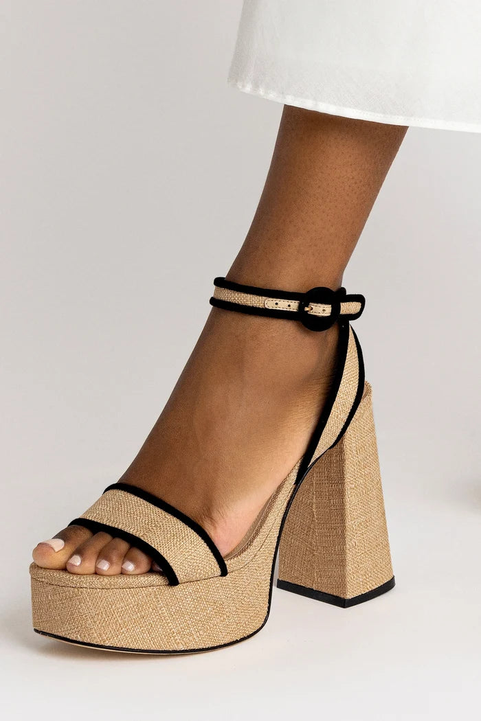 Dolly Sandal In Beige Raffia and Black Trimming Sandal Larroudé