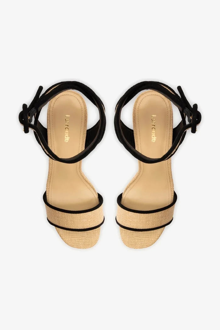 Dolly Sandal In Beige Raffia and Black Trimming Sandal Larroudé