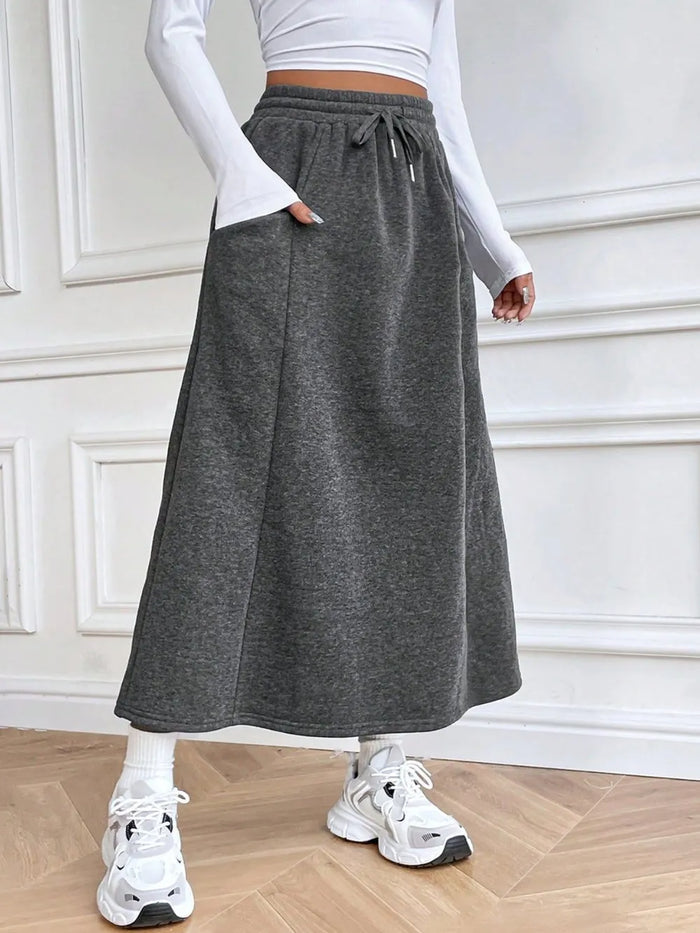 Drawstring Midi Skirt with Pockets - Dark Gray