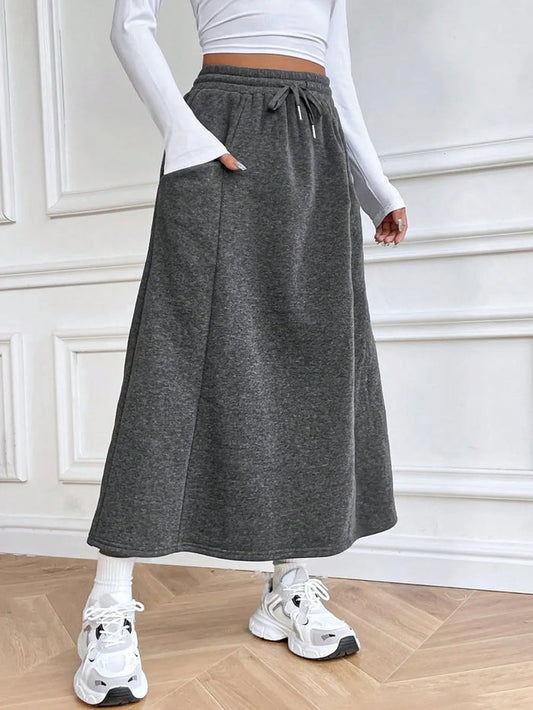 Drawstring Midi Skirt with Pockets - Dark Gray