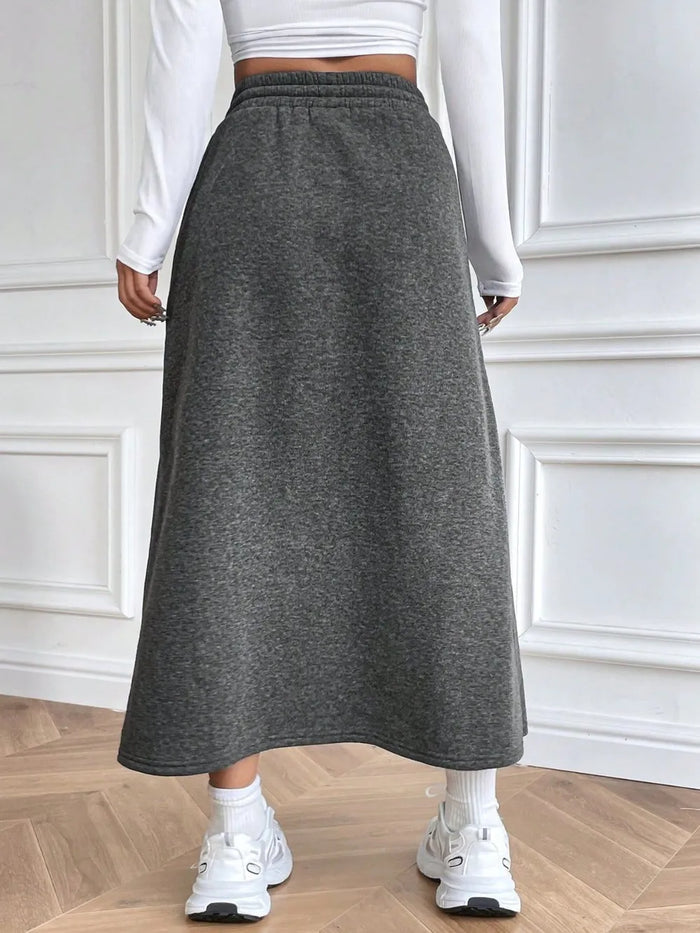 Drawstring Midi Skirt with Pockets - Dark Gray