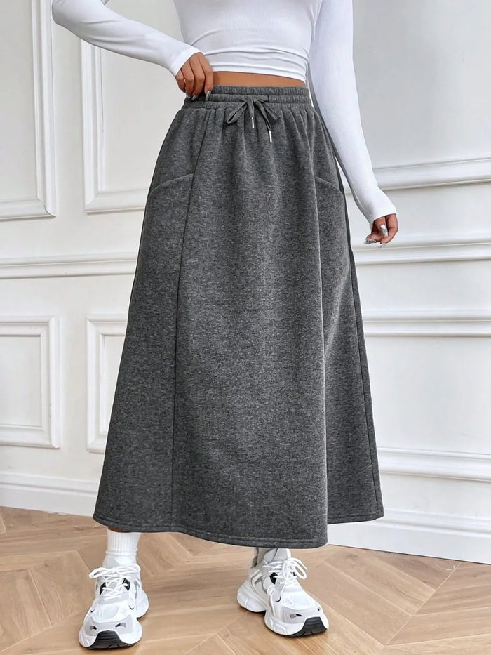 Drawstring Midi Skirt with Pockets - Dark Gray