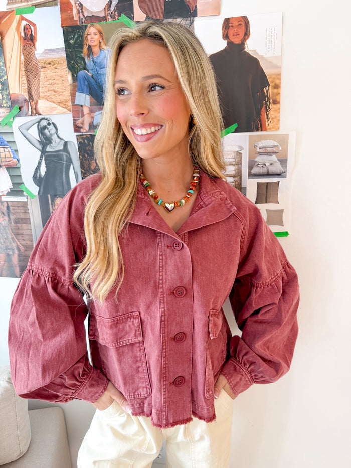 in february Eliza Washed Maroon Bubble Jacket – women's jacket